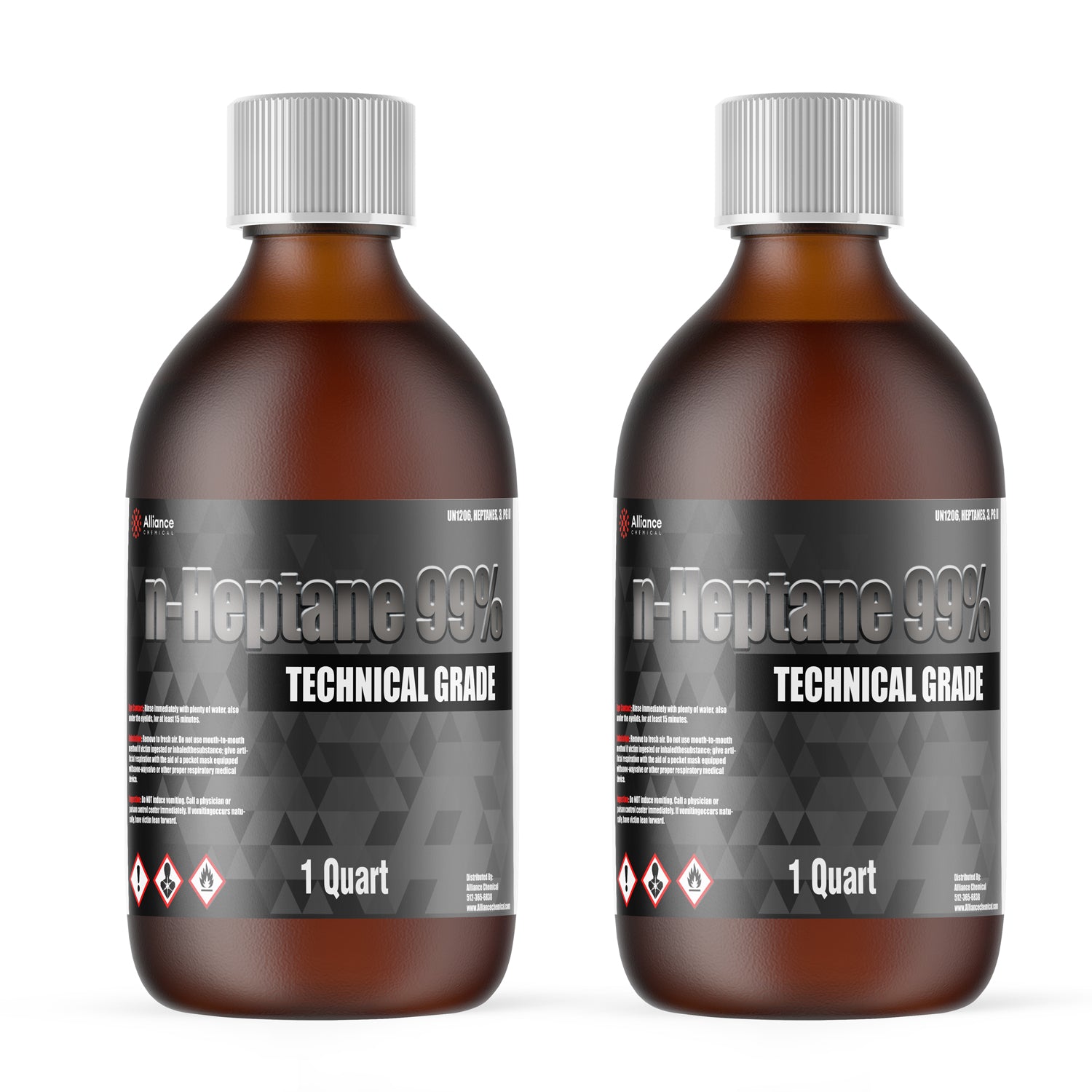 1-quart amber glass bottles of 99% n-Heptane technical grade solvent with GHS hazard symbols, gray labels, and child-resistant caps.